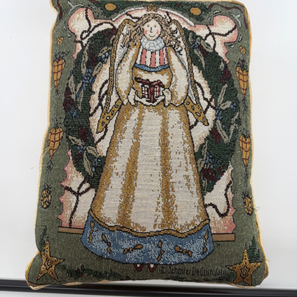 Jennifer DeCristofaro Tapestry Angel Pillow Folk Art Christmas Gold Metallic 13"